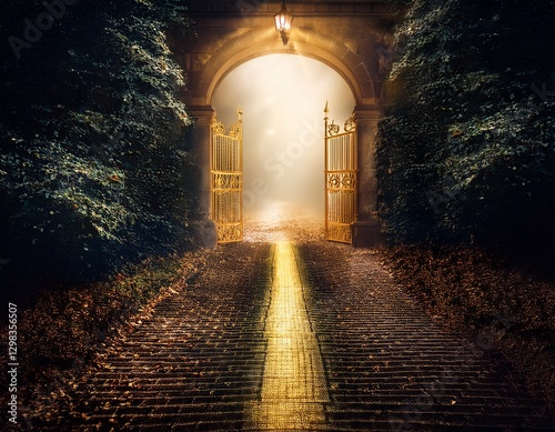 A narrow path leading to a glowing, golden gate, surrounded by darkness, symbolizing holiness and divine presence.
