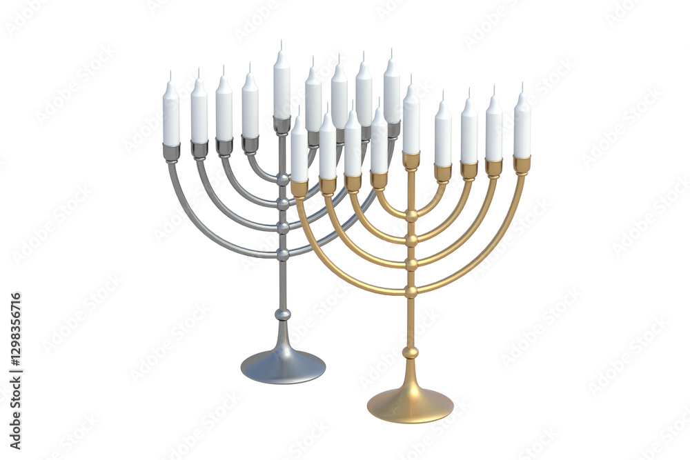 Fototapeta premium Two menorahs for Hanukkah with candles isolated on white background. 3d render