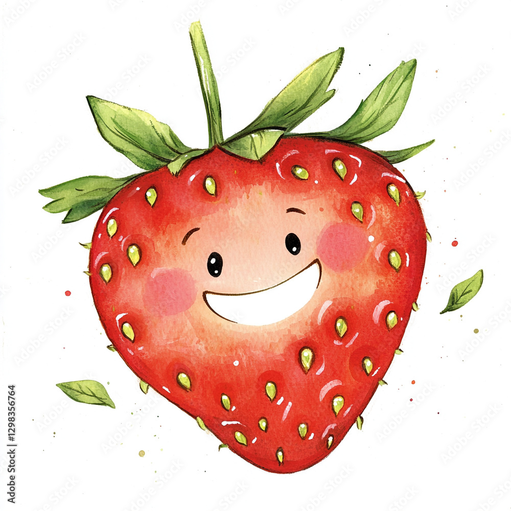 Obraz premium Cheerful Minimalist Strawberry Character with a Big Smile Isolated on White Background Perfect for Fun and Playful Designs Illustrations and Creative Projects