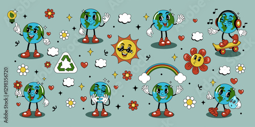 Earth character. World Day. Groovy green planet. Retro sticker. Smile face. Sun and daisy flower. Comic vintage happy globe. Cute graphic emoji. Environment emoticons. Vector design tidy mascots set.
