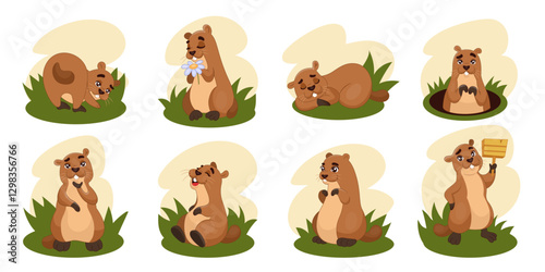 Cartoon groundhog. Marmot day. Spring joyful gopher. Underground beaver. Funny graphic hole. Cute animal sleeping at meadow. Ferret den. Happy rodent character poses. Vector hamster tidy mascots set