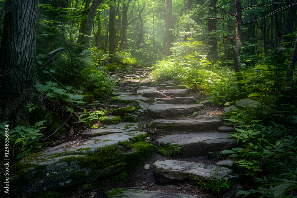 Obraz premium Serene Forest Pathway: A Tranquil Stone Path through Lush Greenery and Dappled Sunlight