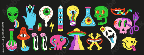 Mushroom psychedelic art. Hallucination sticker. Bright flower. Zombie hand. Trippy smile. Comic eye. Skull bones. Abstract wave. Hipster face. Neon ornament. Alien and crazy ghost. Vector icons set