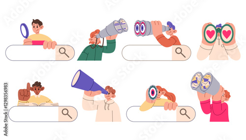 Search job. Person with magnifier. Character look binocular. In internet find. Information bar keyword. Find query website data. Cartoon flat style isolated illustration. Vector SEO analysis app