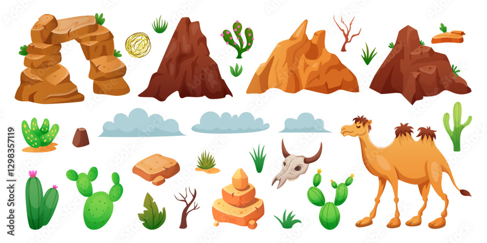 Obraz premium Desert cartoon landscape. Dry land. Bare tree in sand. Cactus and tumbleweed. Sandstone mountain. Stone rock. Sahara plant. Sky in hot Mexican west. Summer scenery. Vector wilderness element tidy set