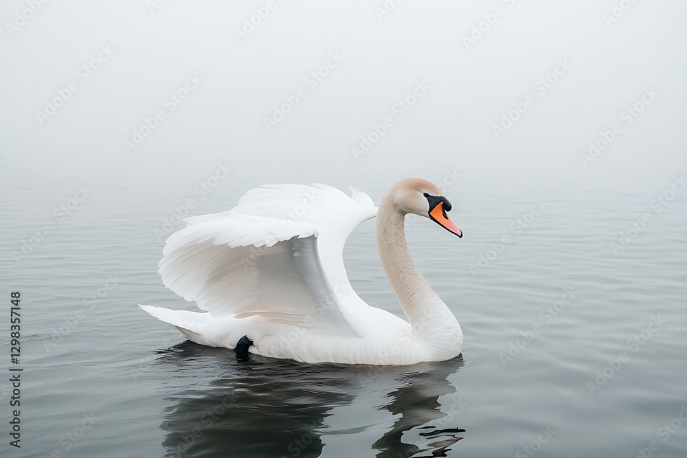Fototapeta premium Mute swan gliding foggy lake