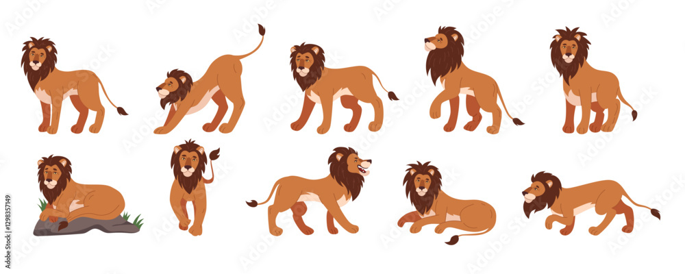 Obraz premium Lion animal king, cartoon flat style isolated illustration, character in different pose. Family mammal with fur mane. African cat male. Africa pride, safari mascot. Vector feline graphic tidy set