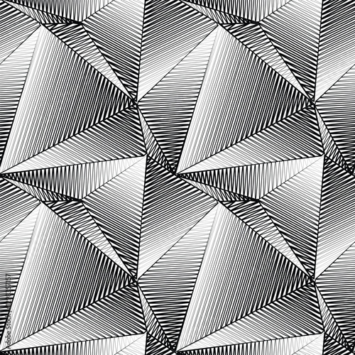 Low poly bw graphic seamless pattern. Abstract geometric texture. Triangles, crystal, low polygonal texture. Hatched surface in black and white