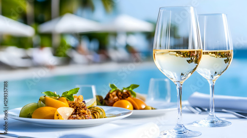  Perfect for celebrating special occasions and showcasing gourmet cuisine, this elegant dining table set includes plates of delectable food, fresh fruits, and crystal glasses filled with white wine.