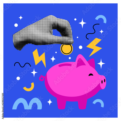 Piggy bank. Hand hold gold coin, y2k collage style, halftone retro element. Investment strategy. Income and deposit symbol. Capital and budget concept. Cartoon flat style isolated vector illustration