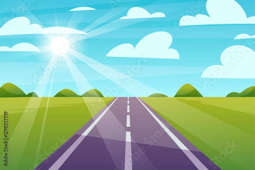 Car highway. Asphalt road. Nature landscape. Sun beams. Sunny day. Green meadow. Summer panorama. Empty suburb roadway. Journey way. Perspective runway to horizon. Sunlight rays. Vector background