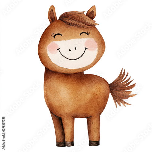 Laughing Brown Horse in Minimalist Style - Isolated Watercolor Artwork Perfect for Home Decor Children's Rooms or Animal Lovers' Collections Featuring Joyful Equine Expression