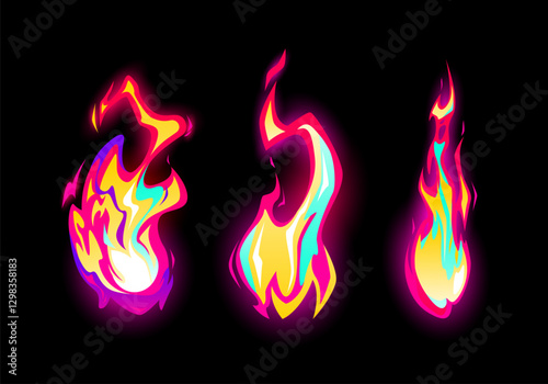 Speed effect. Hot fire. Color blaze light. Dangerous combustion. Fuel energy. Campfire ignition. Burning flame with sparks. Glow and heat. Magic fireball. Hell explosion. Vector fiery elements set