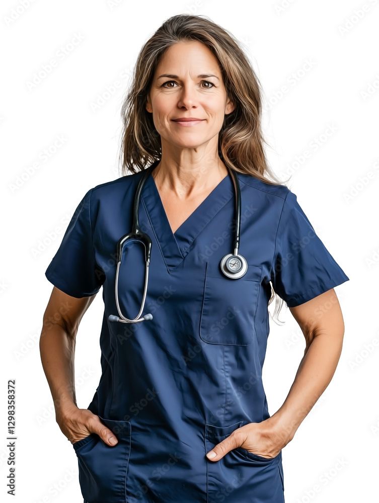 Female doctor wearing blue scrubs and a stethoscope and hands in pockets, isolated background Female doctor wearing blue scrubs and a stethoscope and hands in pockets, isolated background
