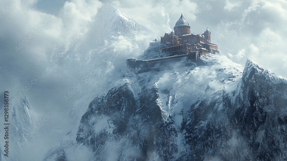 Fototapeta premium An isolated monastery atop a snowy mountain peak, being battered by an intense snowstorm, realistic, very detailed