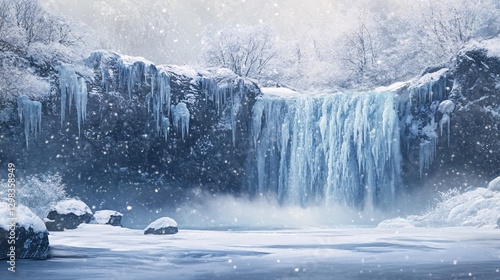 A frozen waterfall nearly disappearing in the midst of an ongoing snowstorm, realistic, very detailed photo