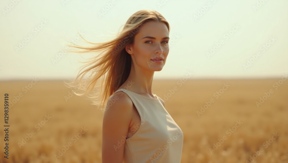 A confident woman in a minimalist beige dress, standing in a vast open field with the wind blowing through her hair. The soft natural light creates an ethereal mood, cinematic shot, ultra-realistic, 4 A confident woman in a minimalist beige dress, standing in a vast open field with the wind blowing through her hair. The soft natural light creates an ethereal mood, cinematic shot, ultra-realistic, 4