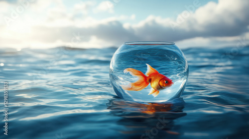 Surreal scene of a small glass fishbowl floating on the ocean with a lone goldfish inside, illuminated by sunlight