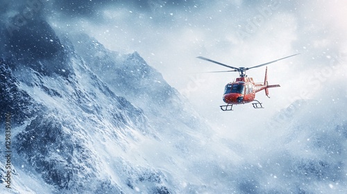 A rescue helicopter hovering over a frozen mountain range in the middle of a snowstorm, realistic, very detailed