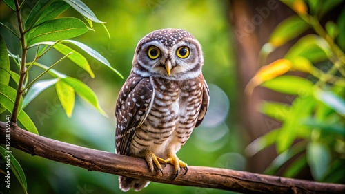Thailand's Wachirabenchathat Park:  Owl photography at its finest featuring a captivating Spotted Owlet (Athene brama). photo