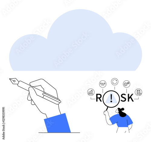 Hand holding a pen, magnifying glass highlighting risk among icons, cloud for data storage. Ideal for creativity, business analysis, cloud technology, risk management, innovation, problem-solving