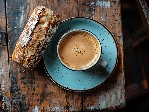 Coffee and Bread on Rustic Table