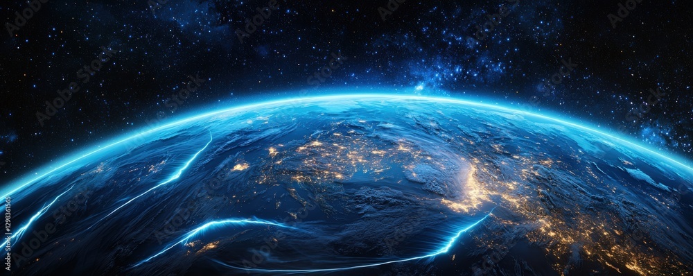 Obraz premium Science meteorology analysis concept. Vibrant view of Earth illuminated by city lights from space.