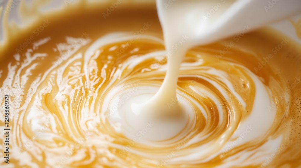 Creamy Swirl of Sauce Being Poured into Rich Caramel Mixture Creamy Swirl of Sauce Being Poured into Rich Caramel Mixture