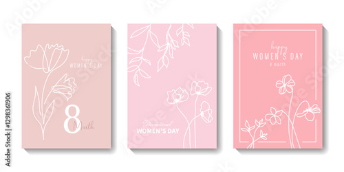 Women's Day poster set with floral line art. Minimalist one-line illustrations for March 8 and Mother’s Day greeting cards. Stylish templates with delicate flowers and contemporary feminine charm.