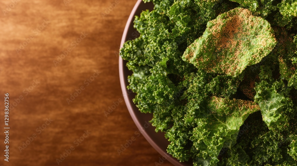 Fresh green kale chips arranged in rustic bowl on wooden surface Fresh green kale chips arranged in rustic bowl on wooden surface