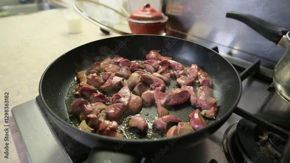 Chicken liver fried in a frying pan