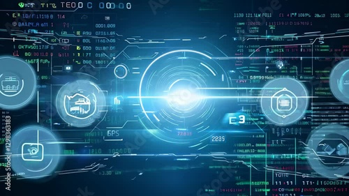 Futuristic digital interface with glowing hud elements, abstract cyber technology background with blue light effects and data visualization, concept of artificial intelligence, cybersecurity, big data