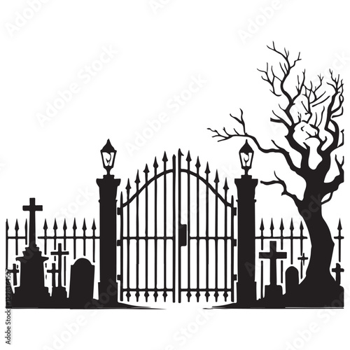 Cemetery Gate Silhouette Design with Tombstones and Bare Tree Illustration