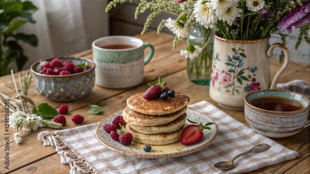 Delicious pancakes served with berries and tea on a rustic wooden table setting Delicious pancakes served with berries and tea on a rustic wooden table setting