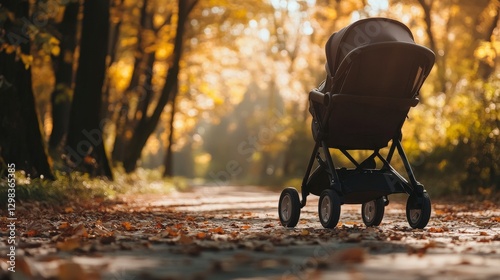 Empty stroller on pathway surrounded by autumn foliage in sunlight