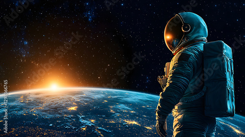 First astronaut achievements. Astronaut silhouette against rising Earth, showcasing cosmic beauty