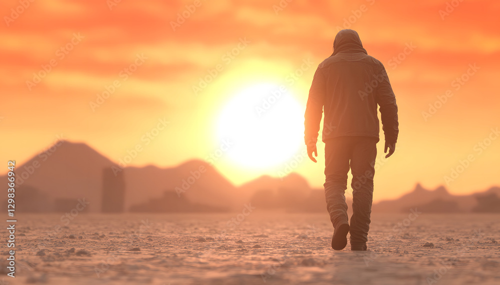 First astronaut achievements. lone astronaut walks on Martian horizon at sunset, evoking solitude First astronaut achievements. lone astronaut walks on Martian horizon at sunset, evoking solitude
