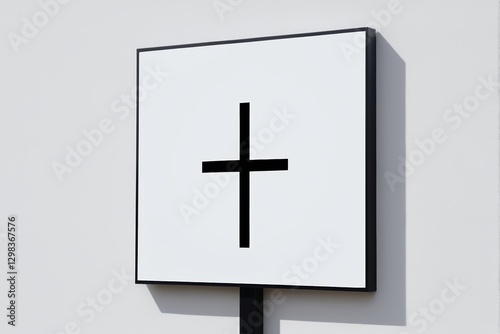 there is a black cross on a white sign on a wall