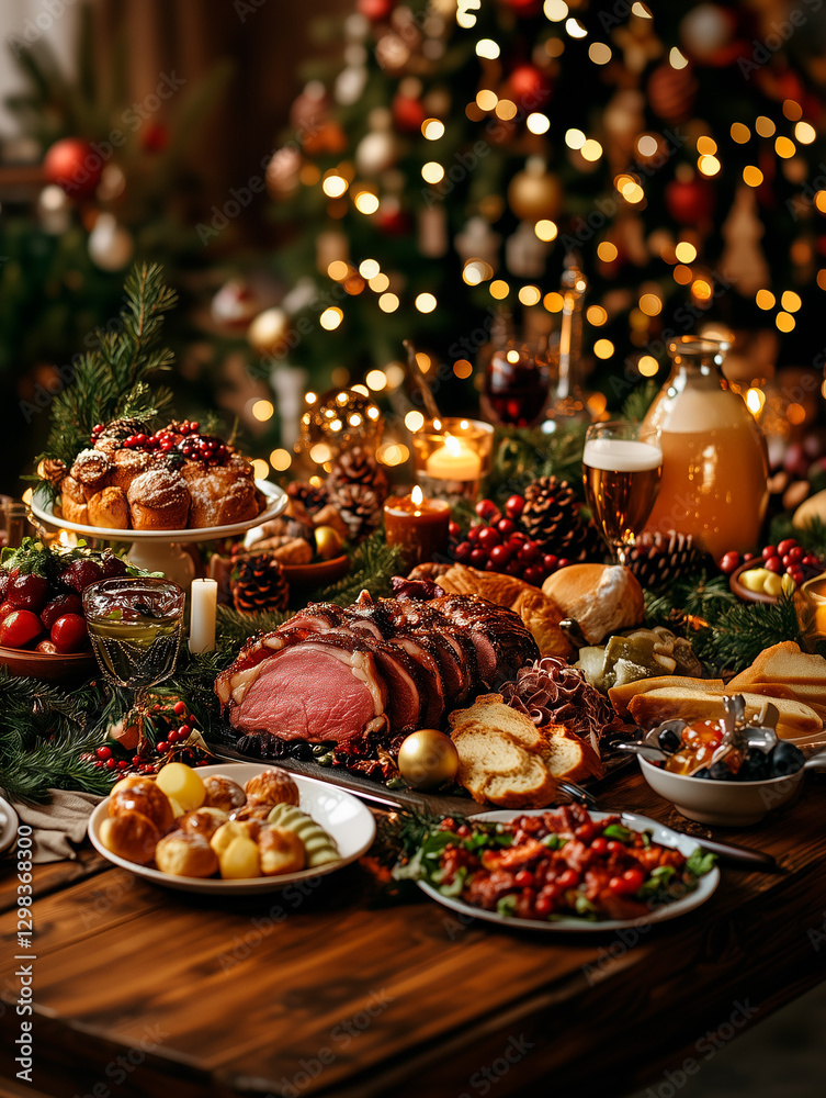 A beautifully set Christmas feast with an array of traditional dishes, including roasted meats and side dishes, arranged on the table in front of a decorated tree, surrounded by festive decorations A beautifully set Christmas feast with an array of traditional dishes, including roasted meats and side dishes, arranged on the table in front of a decorated tree, surrounded by festive decorations