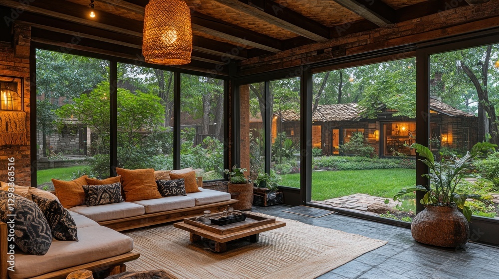 Rustic sunroom with garden views Rustic sunroom with garden views