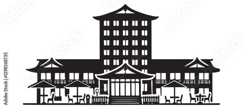 Japanese Style Hotel Building Illustration with Garden Silhouette Design