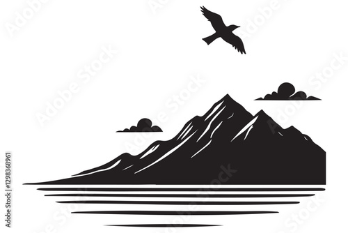 Mountain Landscape Silhouette With Bird and Water Illustration Graphic