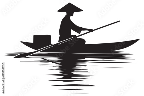 Silhouette of Rower in Traditional Boat with Asian Hat Reflection