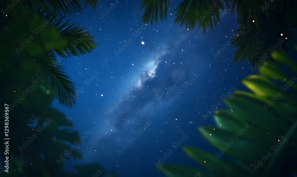 Naklejka premium Milky Way in the night sky seen between tropical leaves, Generative AI