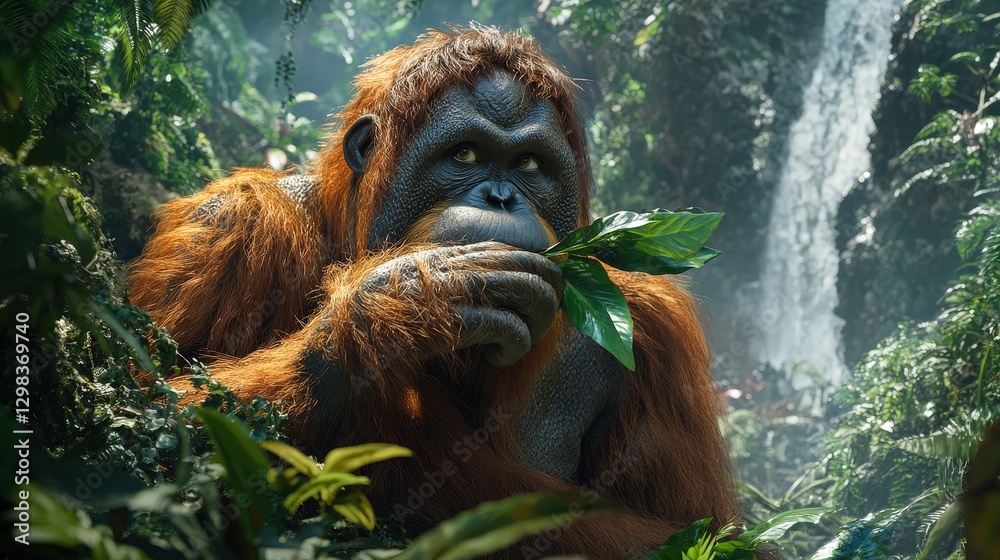 Obraz premium An enchanting glimpse into the life of an orangutan amidst a vibrant, verdant forest; its serene gaze captivates from the heart of this lush haven