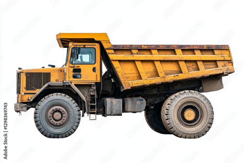 Yellow Dump Truck Isolated on White - Powerful, robust, heavy-duty, construction, transportation. Symbolizing industry, hard work, logistics, earthmoving, and infrastructure Yellow Dump Truck Isolated on White - Powerful, robust, heavy-duty, construction, transportation. Symbolizing industry, hard work, logistics, earthmoving, and infrastructure