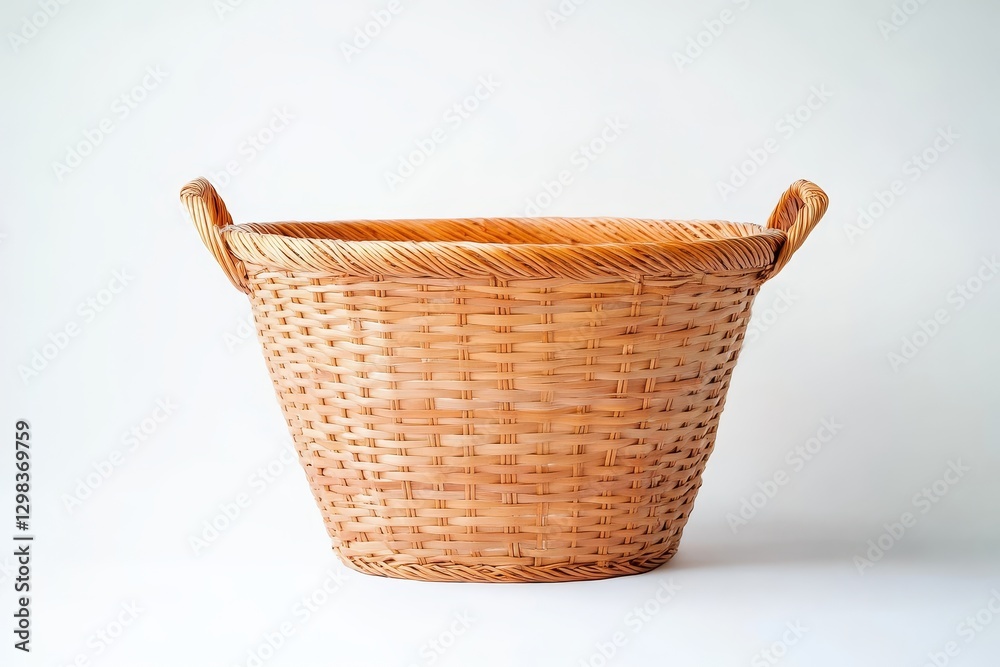 Woven Rattan Laundry Basket - A large, empty, oval-shaped rattan laundry basket with two handles sits on a white background Woven Rattan Laundry Basket - A large, empty, oval-shaped rattan laundry basket with two handles sits on a white background