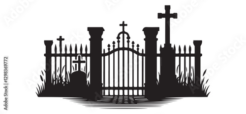 Vintage Graveyard Gate Silhouette Illustration Vector Design Element