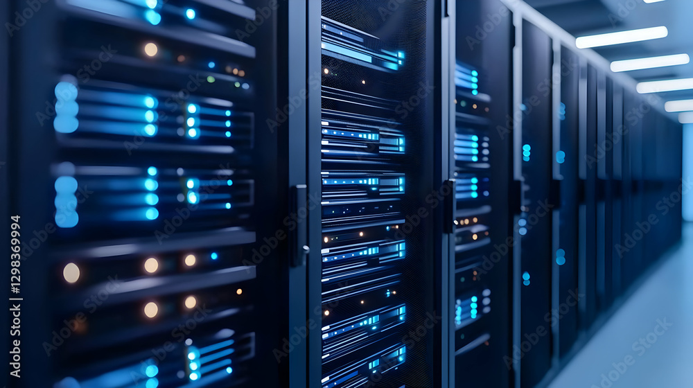 Rows Of Modern Server Racks With Blue And Orange Lights In A Data Center Rows Of Modern Server Racks With Blue And Orange Lights In A Data Center