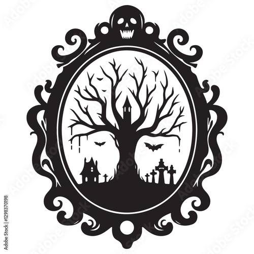 Creepy Halloween Frame Vector Image with Skull and Spooky Tree